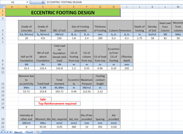 Eccentric Footing Design Excel Sheet Screenshot 2