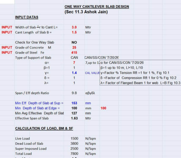 One Way Cantilever Slab Design Excel Sheet 1