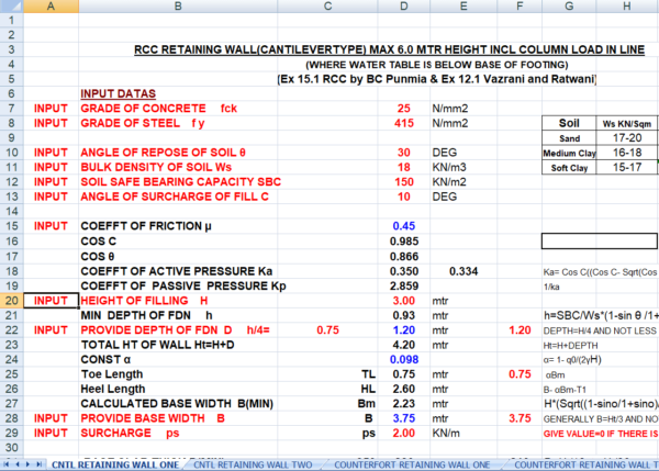 Retaining Wall Design Excel Sheet Screenshot 1